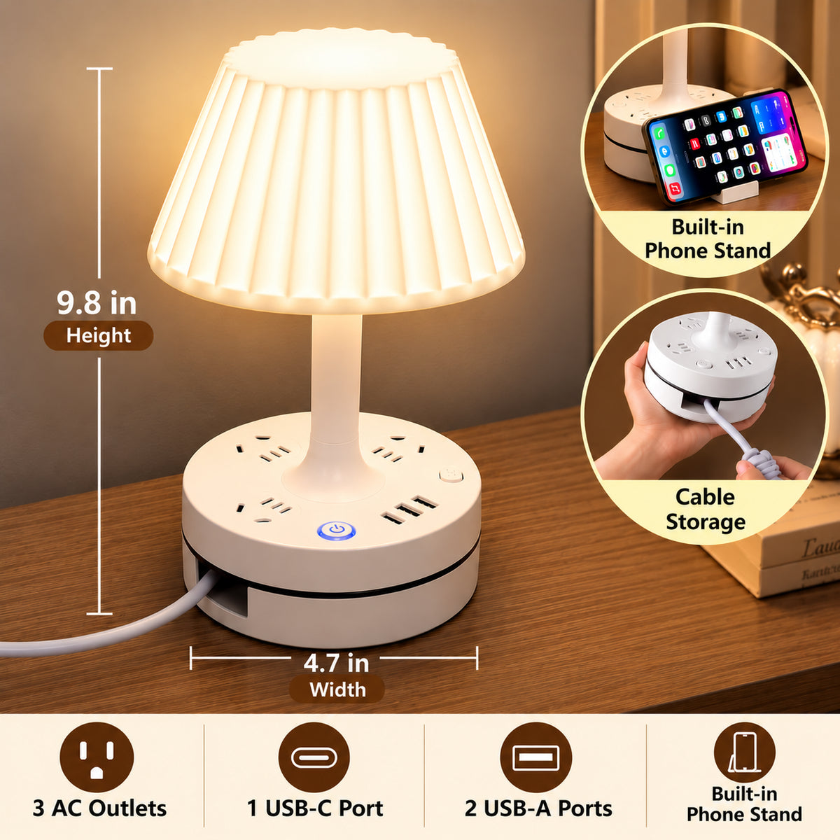 Bedside Lamp with Charging Station – 3-in-1 Nightstand Light, Power & Style