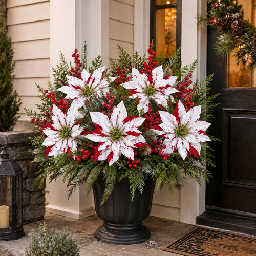 🔥Last Day 50% OFF🌺🎄Christmas Poinsettia Planter Inserts – Red & White Holiday Floral Picks