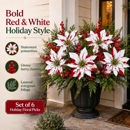 🔥Last Day 50% OFF🌺🎄Christmas Poinsettia Planter Inserts – Red & White Holiday Floral Picks