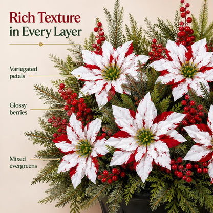 🔥Last Day 50% OFF🌺🎄Christmas Poinsettia Planter Inserts – Red & White Holiday Floral Picks