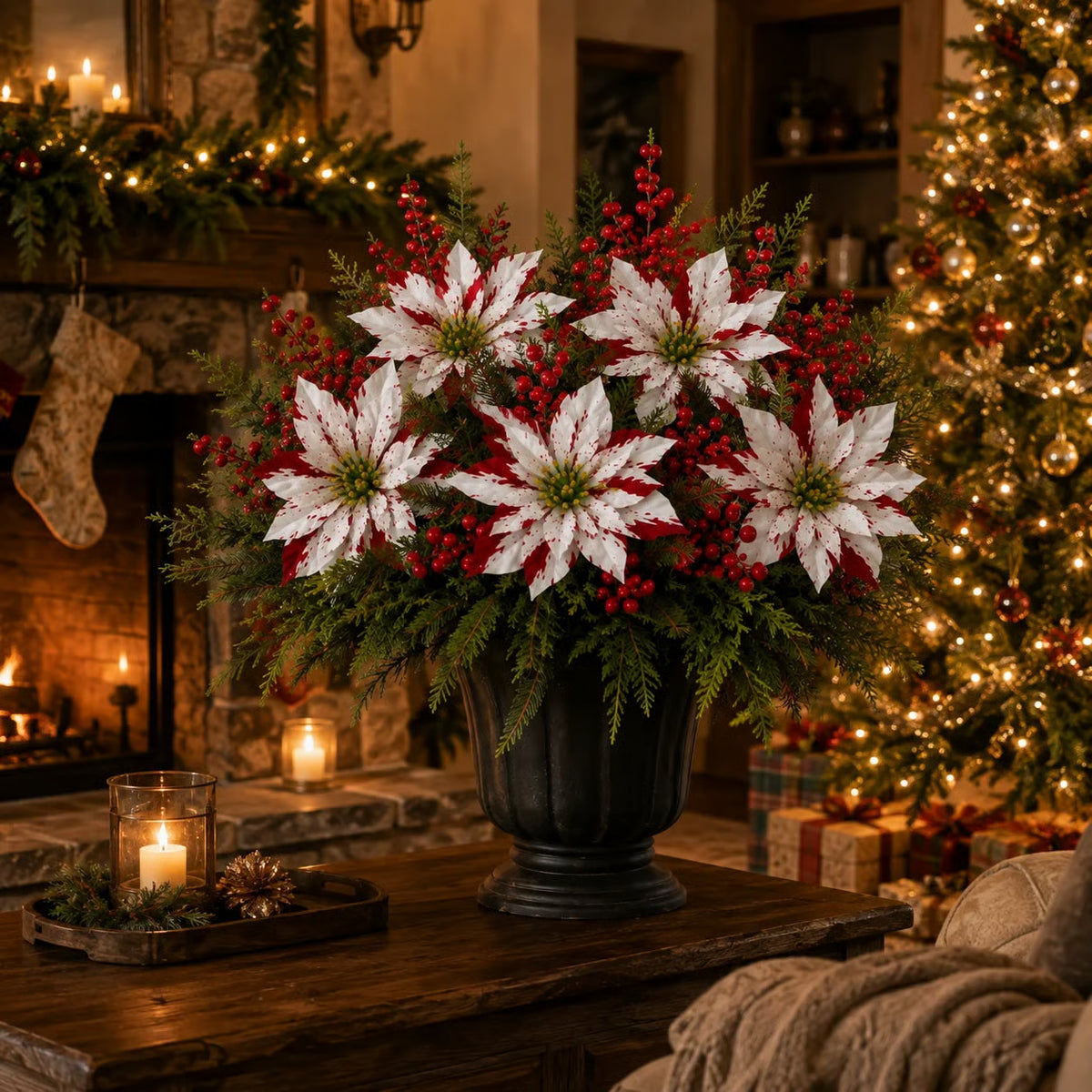 🔥Last Day 50% OFF🌺🎄Christmas Poinsettia Planter Inserts – Red & White Holiday Floral Picks