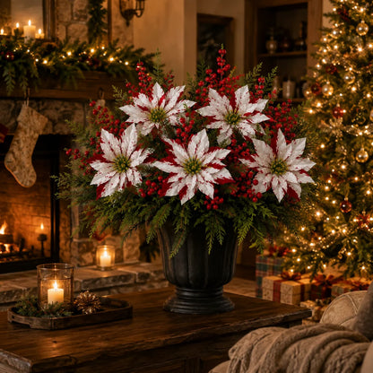 🔥Last Day 50% OFF🌺🎄Christmas Poinsettia Planter Inserts – Red & White Holiday Floral Picks