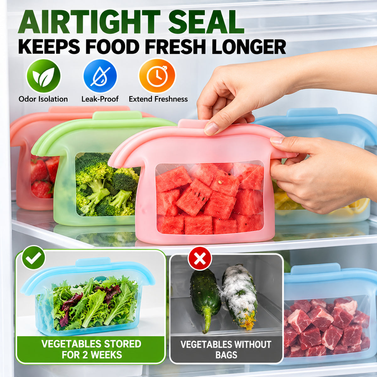 Reusable Silicone Food Storage Bags – Wide-Opening, Stand-Up, Leakproof & Refrigerator-Safe
