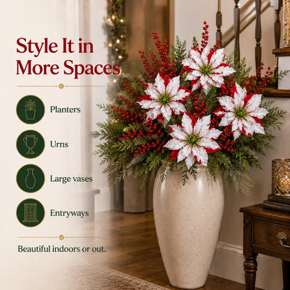 🔥Last Day 50% OFF🌺🎄Christmas Poinsettia Planter Inserts – Red & White Holiday Floral Picks