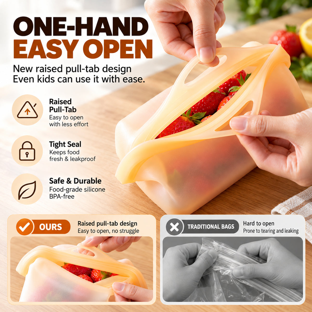 Reusable Silicone Food Storage Bags – Wide-Opening, Stand-Up, Leakproof & Refrigerator-Safe