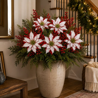 🔥Last Day 50% OFF🌺🎄Christmas Poinsettia Planter Inserts – Red & White Holiday Floral Picks