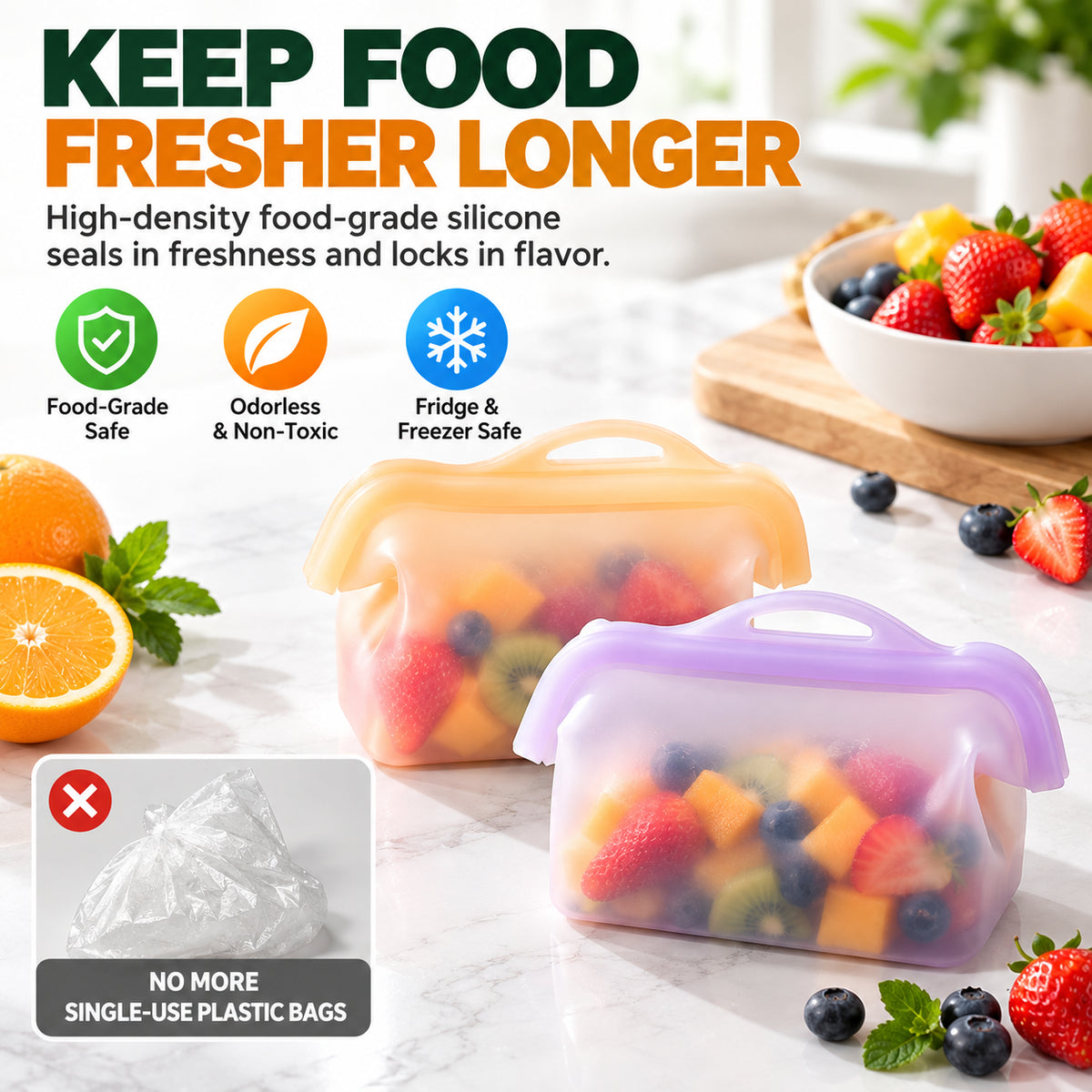 Reusable Silicone Food Storage Bags – Wide-Opening, Stand-Up, Leakproof & Refrigerator-Safe