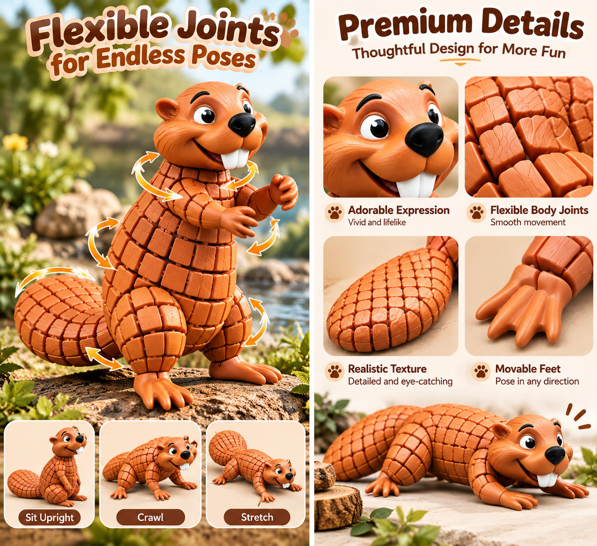 🦫 3D Printed Articulated Beaver Figurine – Movable & Cute Desk Decor