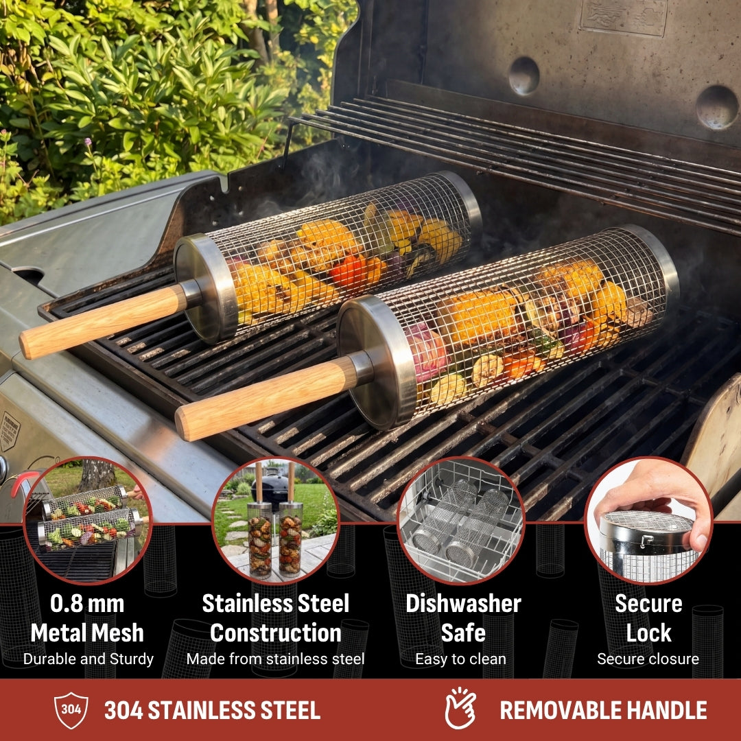 🔥 Rolling BBQ Grill Basket – Easy Turning for Veggies, Shrimp & More 🥦🍤