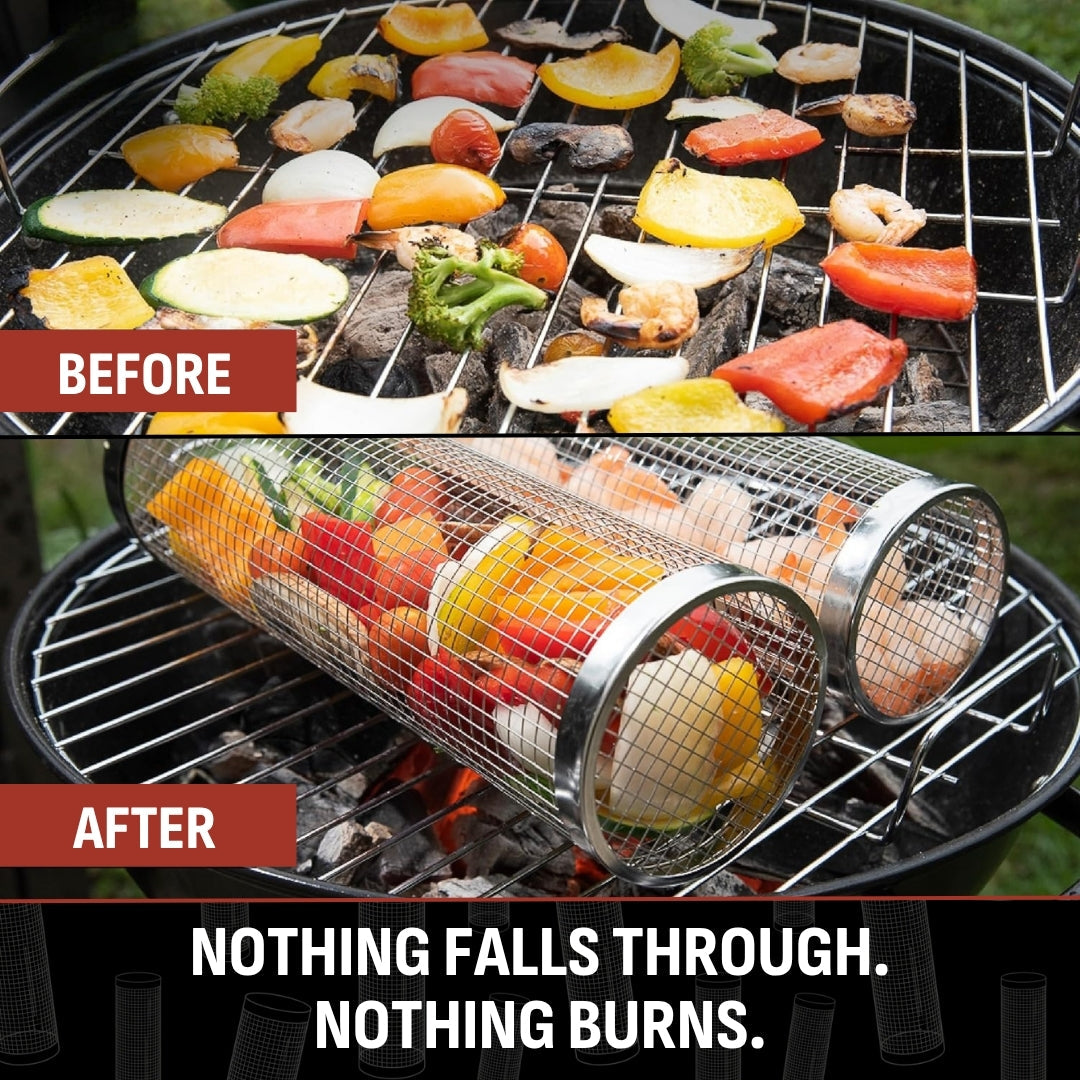 🔥 Rolling BBQ Grill Basket – Easy Turning for Veggies, Shrimp & More 🥦🍤