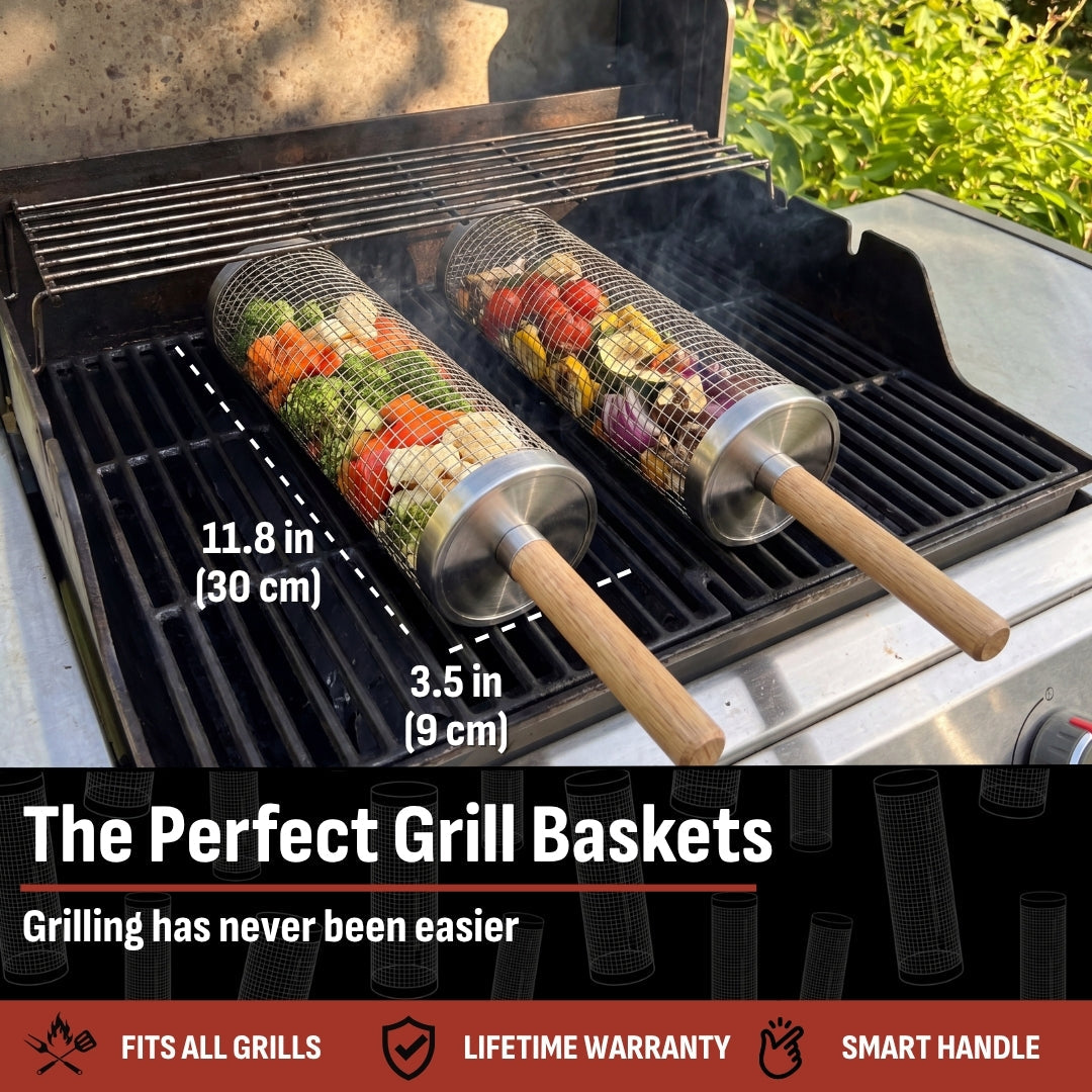 🔥 Rolling BBQ Grill Basket – Easy Turning for Veggies, Shrimp & More 🥦🍤