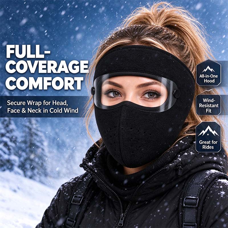 Woman wearing winter face mask in snowy weather