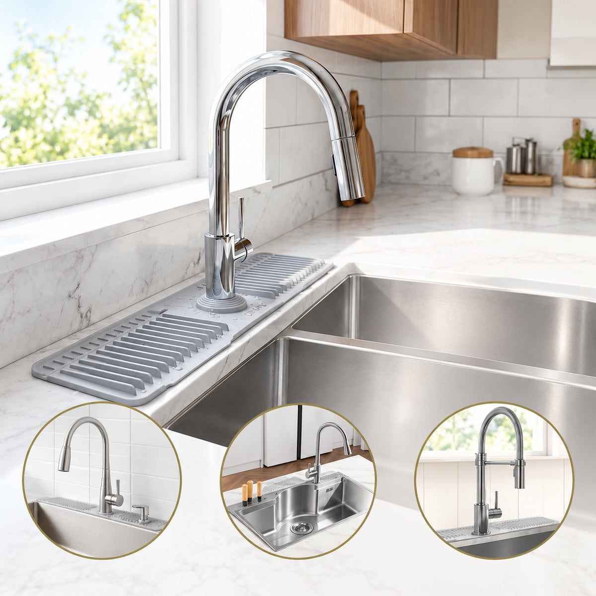 Cuttable Silicone Faucet Splash Guard Mat – Auto-Drain Quick Dry Drip Collector Tray