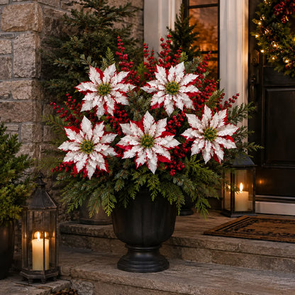 🔥Last Day 50% OFF🌺🎄Christmas Poinsettia Planter Inserts – Red & White Holiday Floral Picks