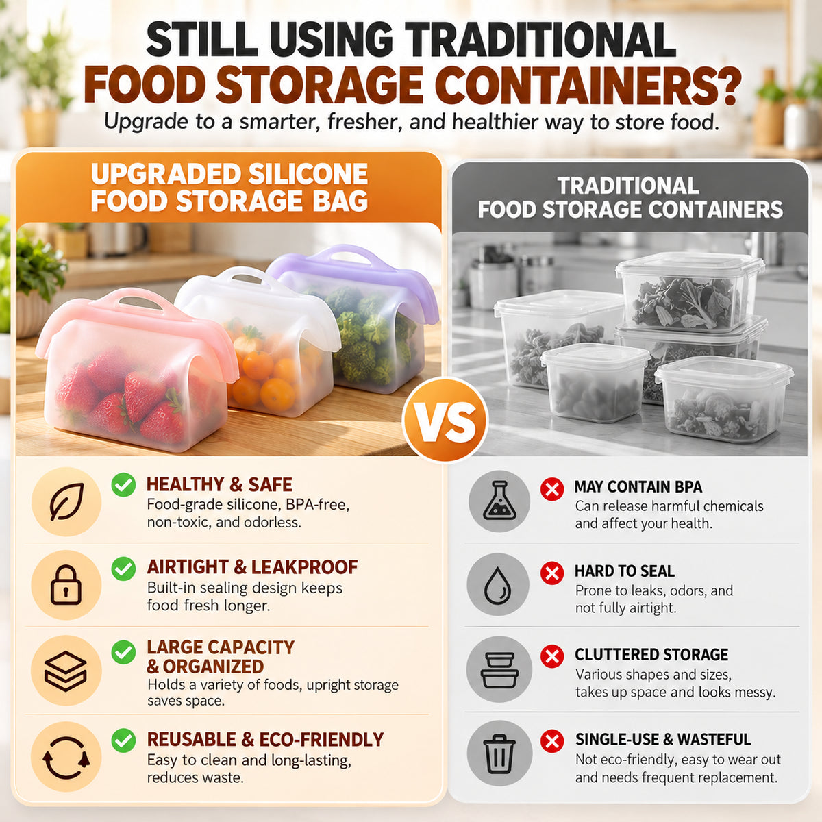 Reusable Silicone Food Storage Bags – Wide-Opening, Stand-Up, Leakproof & Refrigerator-Safe