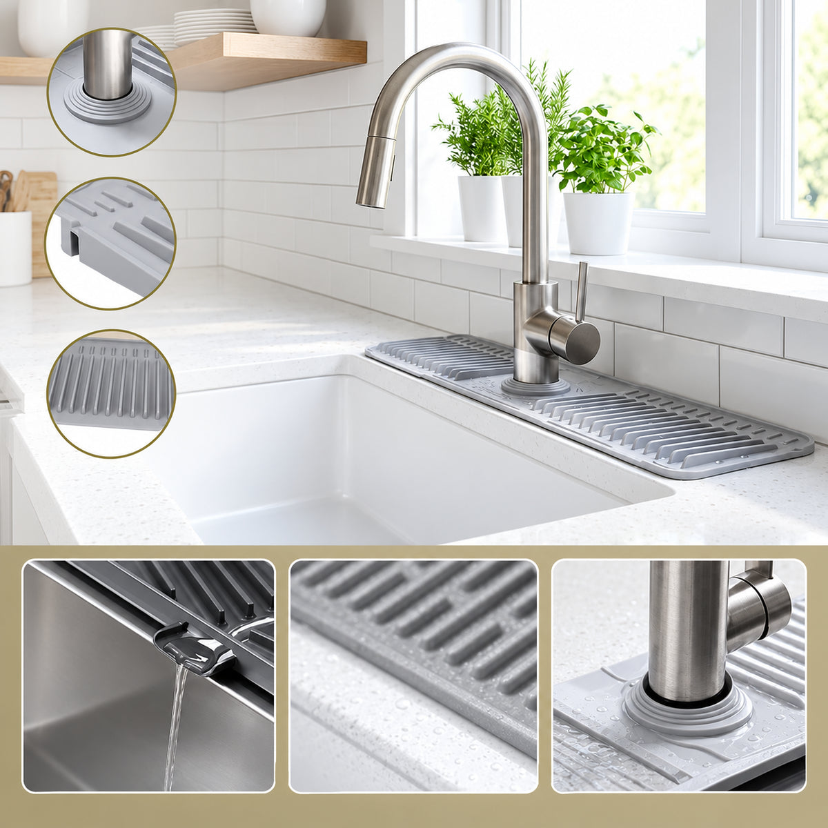 Cuttable Silicone Faucet Splash Guard Mat – Auto-Drain Quick Dry Drip Collector Tray