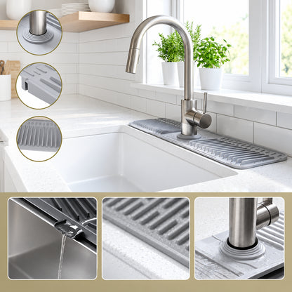 Cuttable Silicone Faucet Splash Guard Mat – Auto-Drain Quick Dry Drip Collector Tray