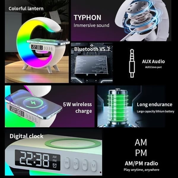 Multifunctional Bluetooth Speaker-Colorful Atmosphere Light Wireless Charging and Clock All-in-one Machine