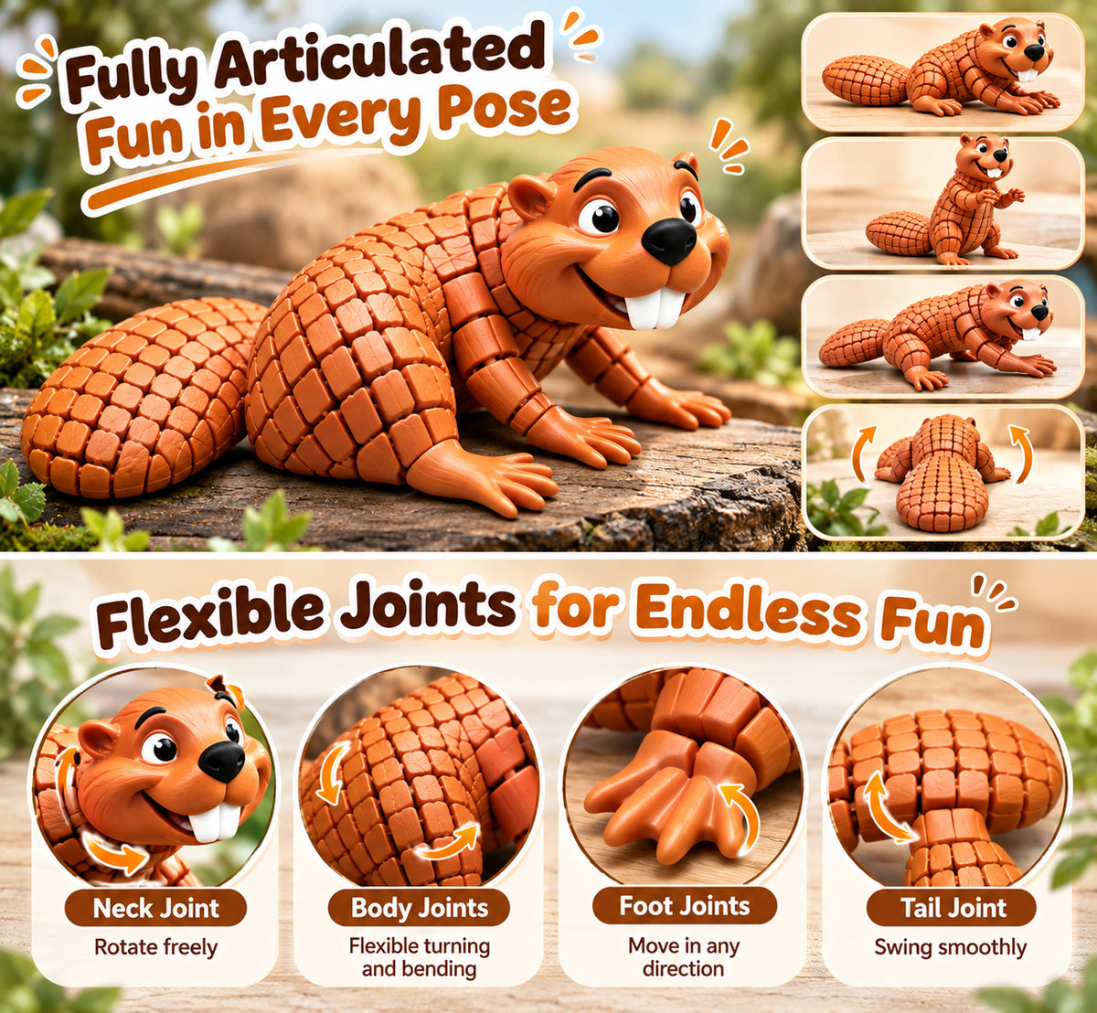 🦫 3D Printed Articulated Beaver Figurine – Movable & Cute Desk Decor